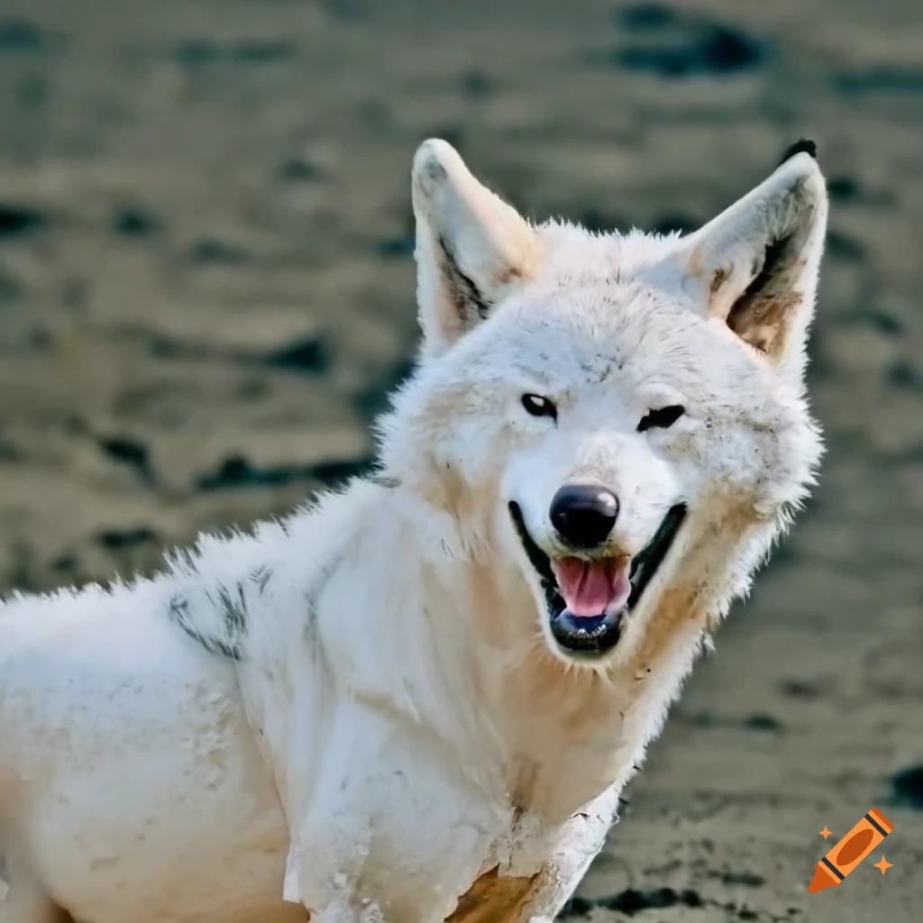 happy white wolf covered in mud on Craiyon