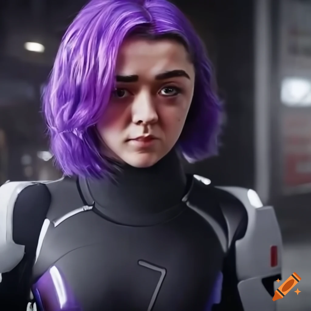 Sci-fi girl with purple hair and army of robots in futuristic london on ...
