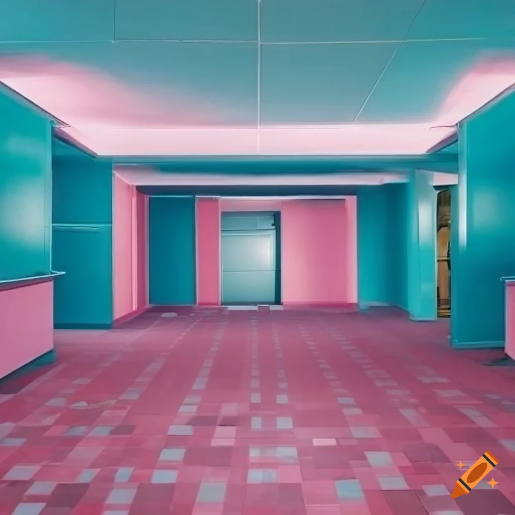 Pastel-colored hotel lobby with mid-century modern interior
