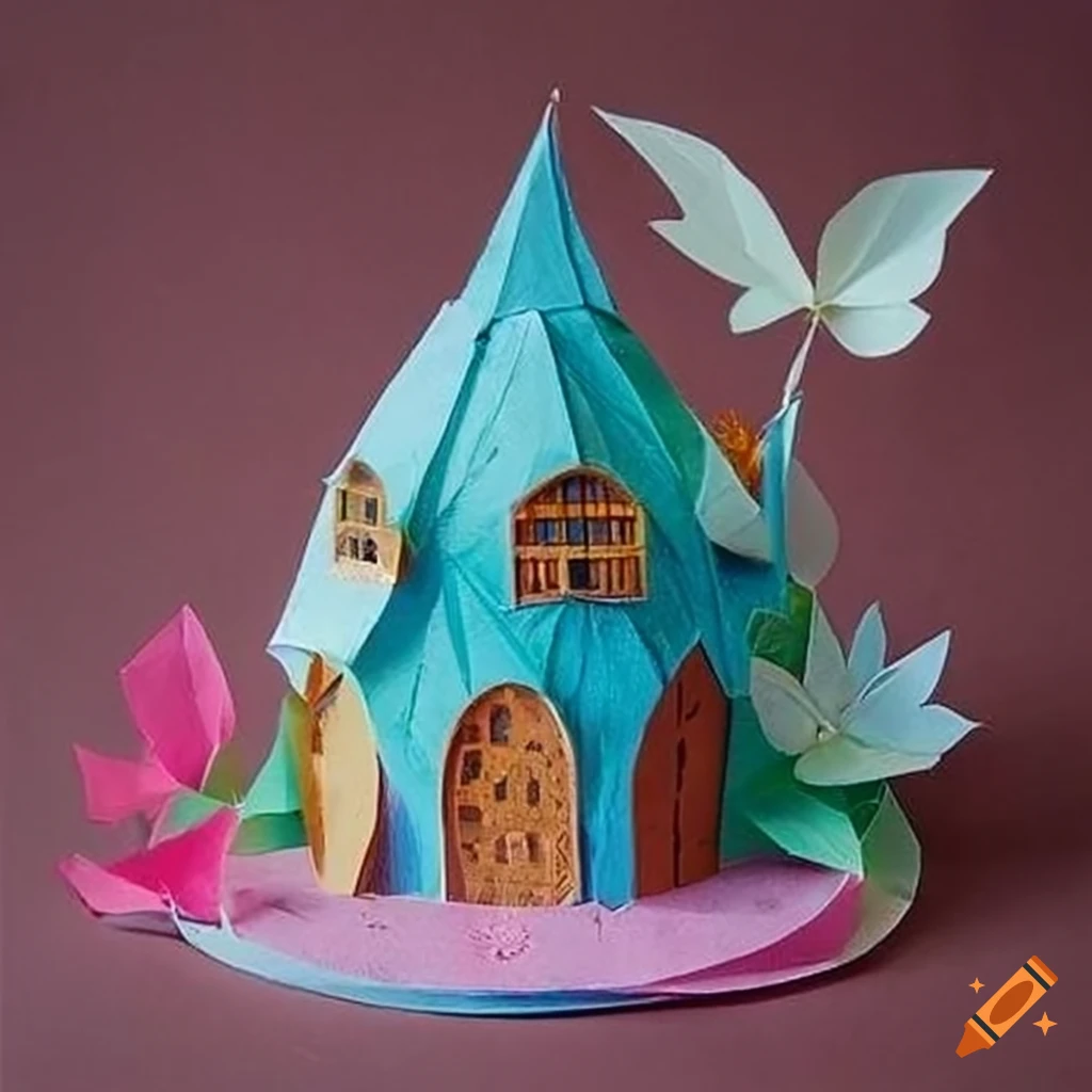 Photo of a paper fairy house surrounded by flowers