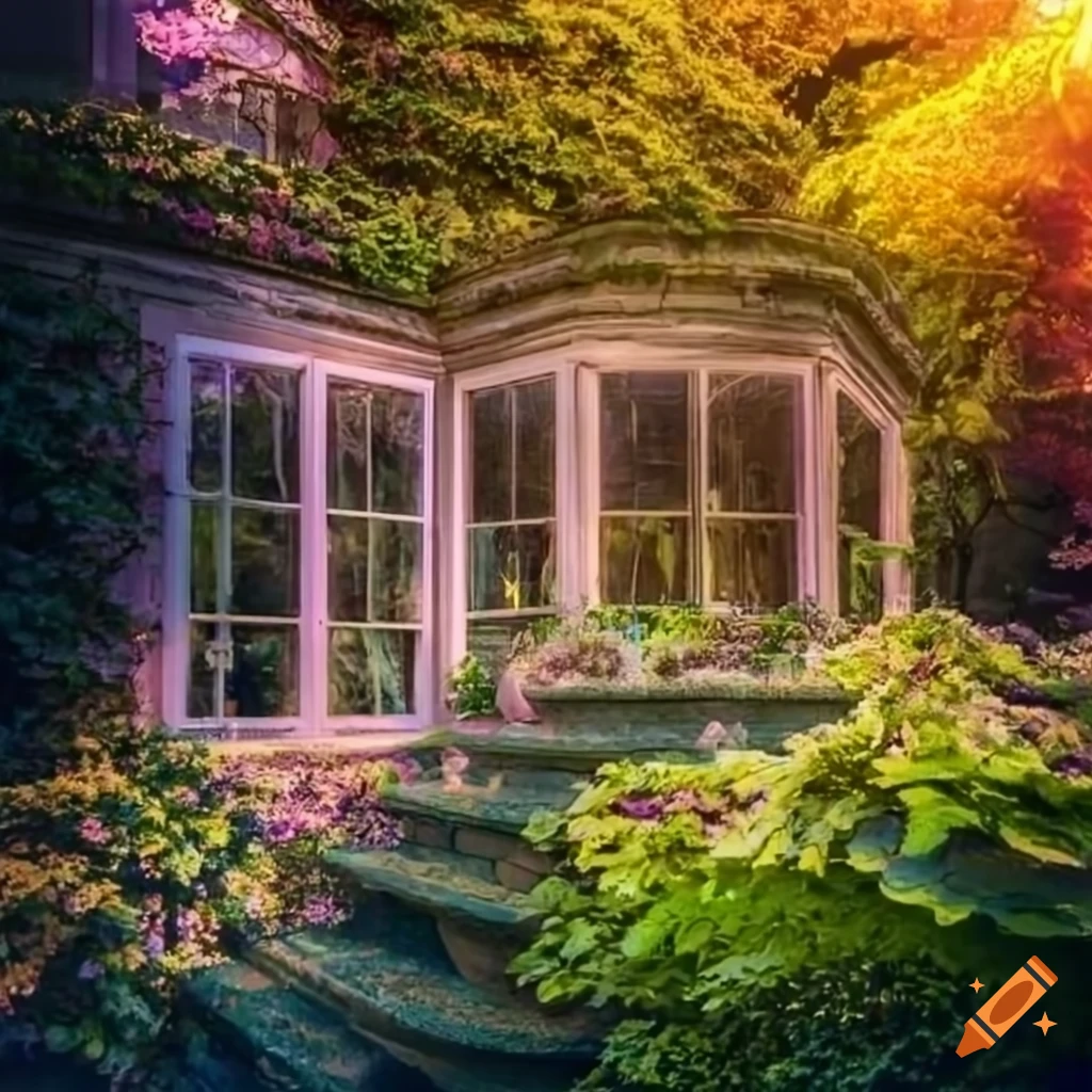 view of a garden house with crystal windows and trees