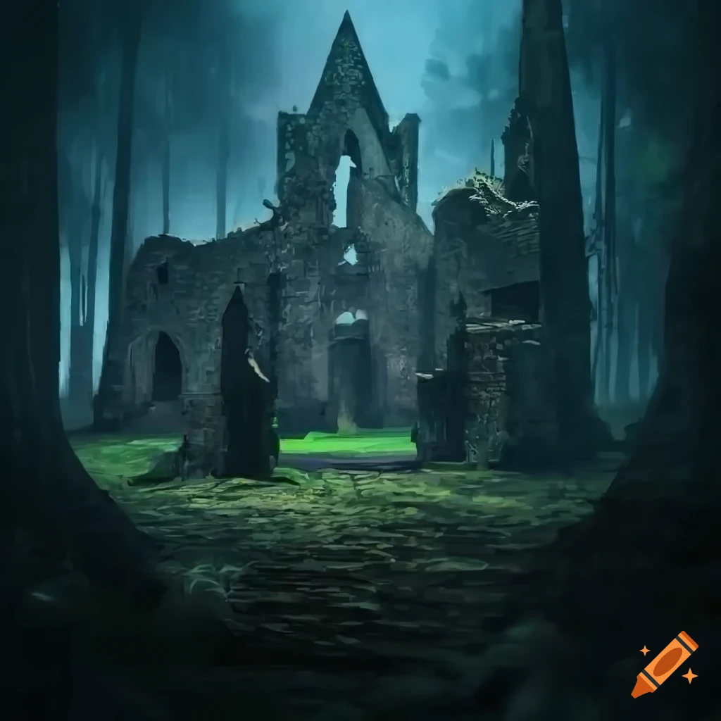 nighttime ruins of a church in a forest