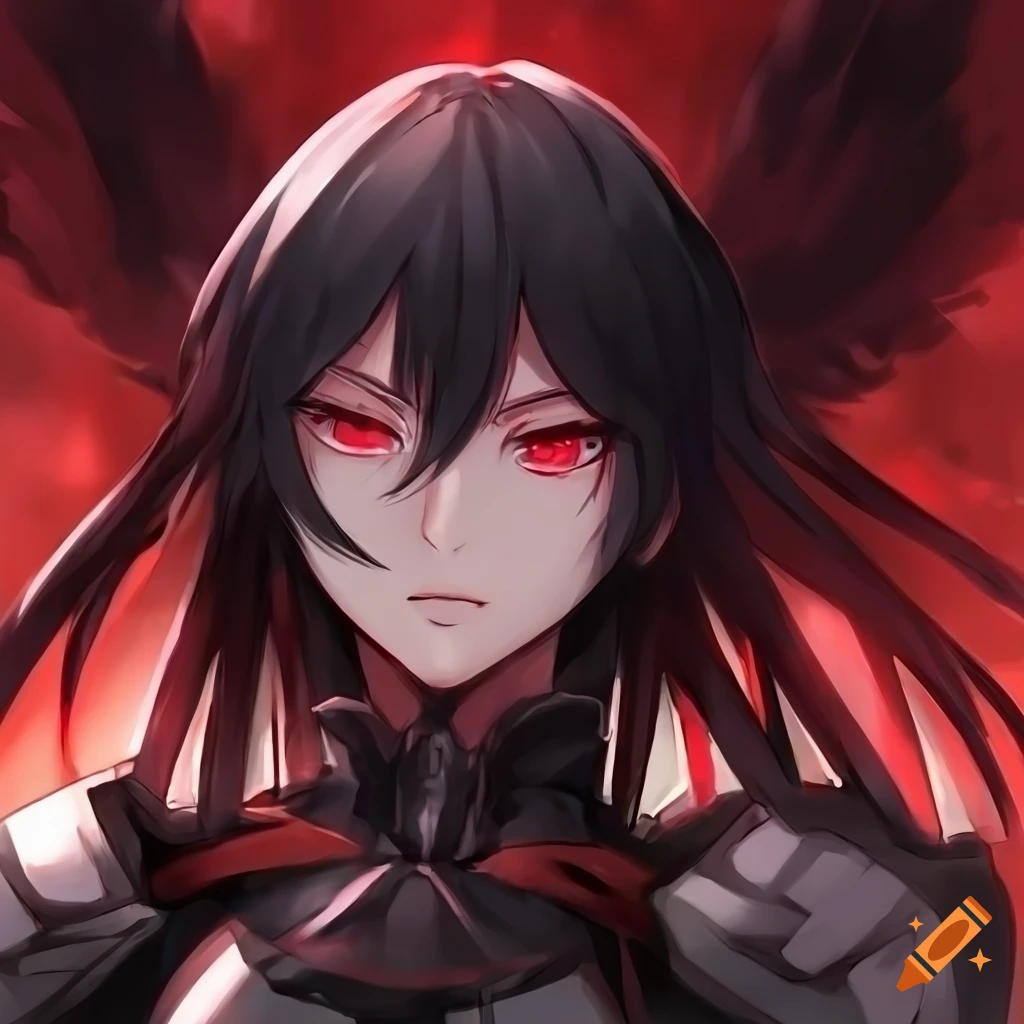 Anime-style portrait of a girl in armor with black hair and red eyes on ...