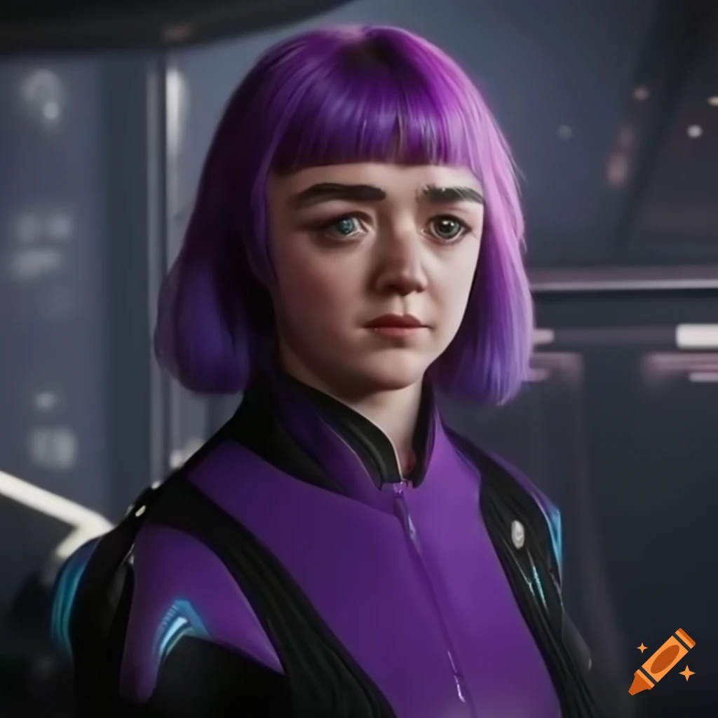 Maisie williams as a purple-haired sci-fi girl in a futuristic room ...