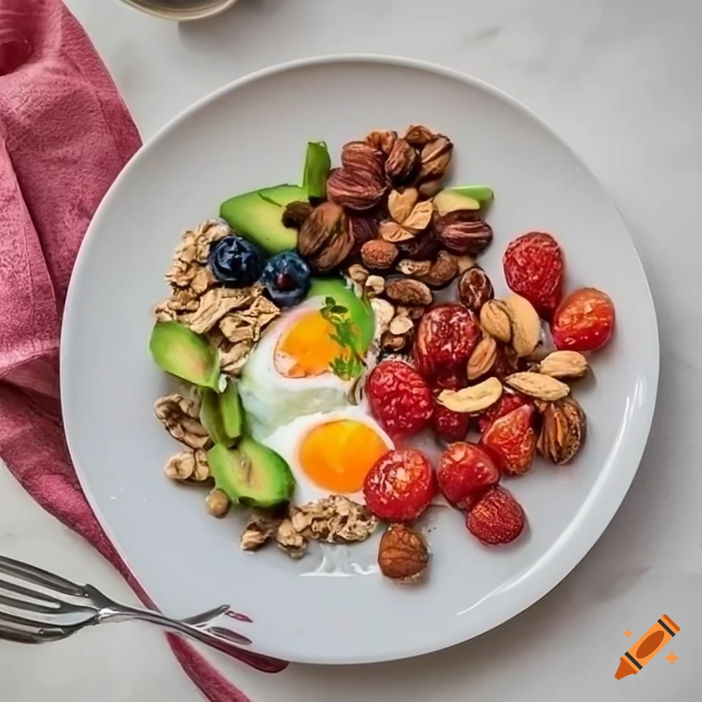 Plate with egg, avocado, tomato, oatmeal, berries, almond, dried fruits ...