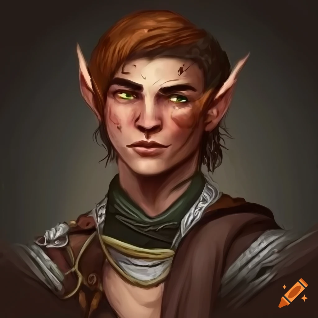 male half elf bard character with brown hair and scar on the cheek
