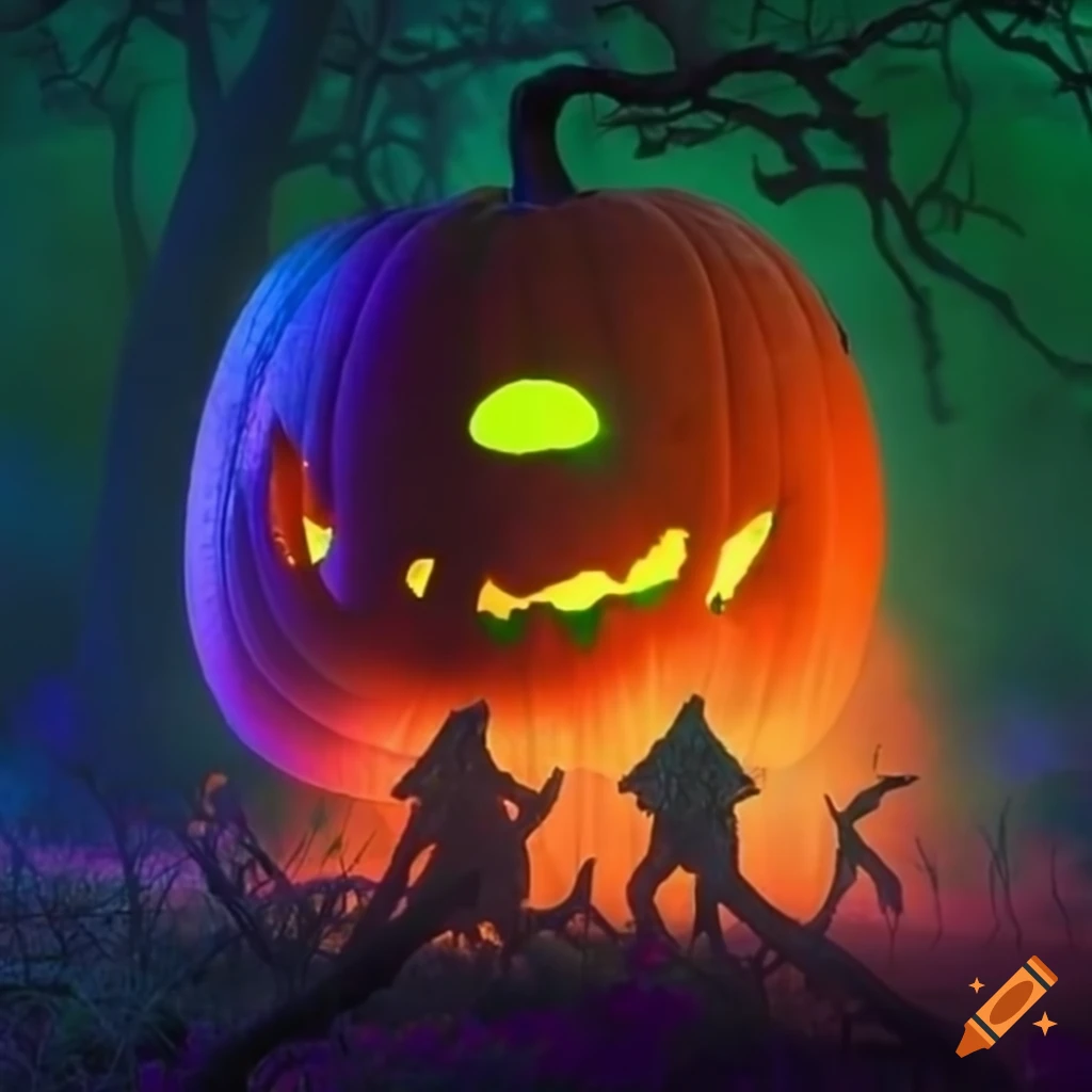 nighttime scene with a field of jack-o'-lanterns