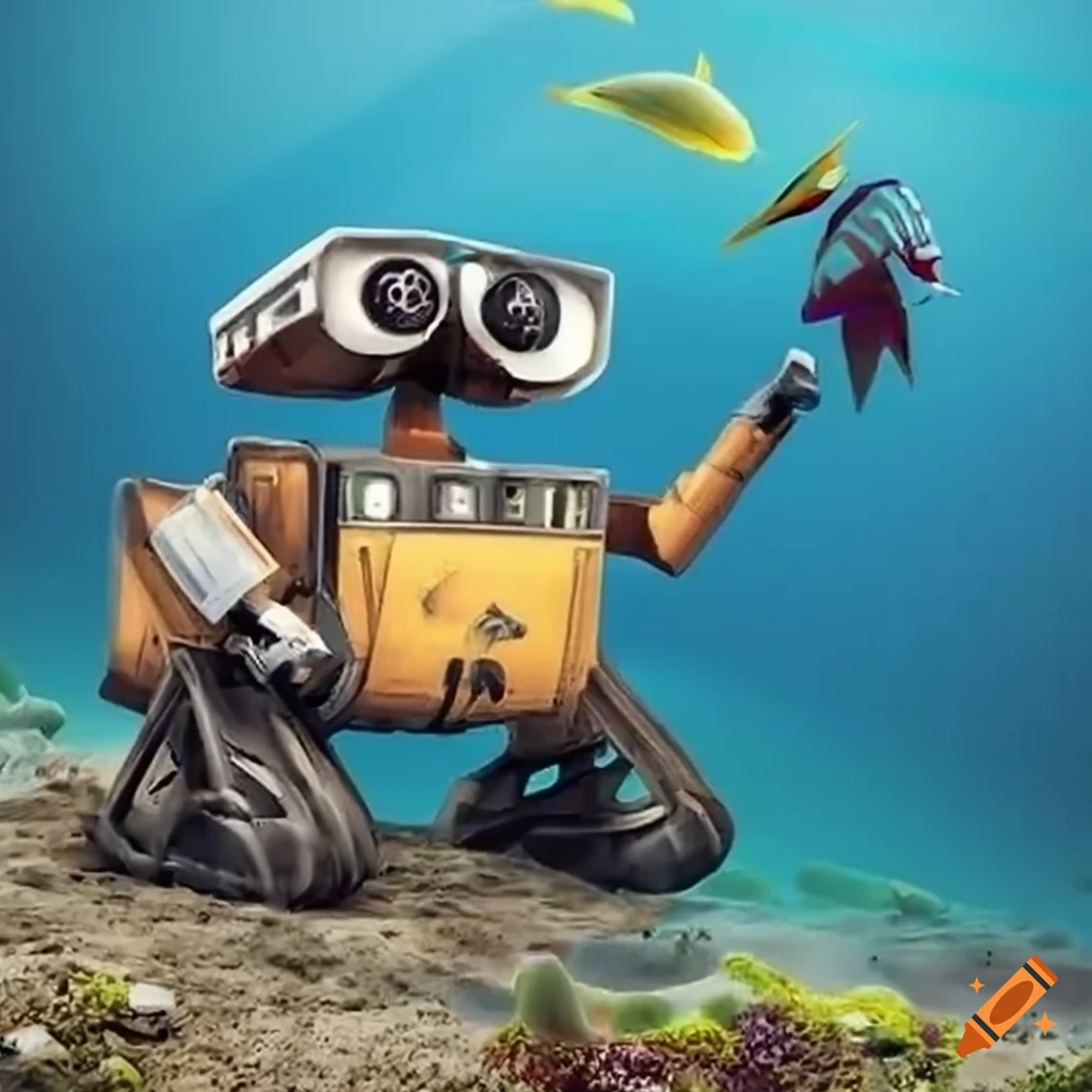 Realistic depiction of walle cleaning the sea on Craiyon