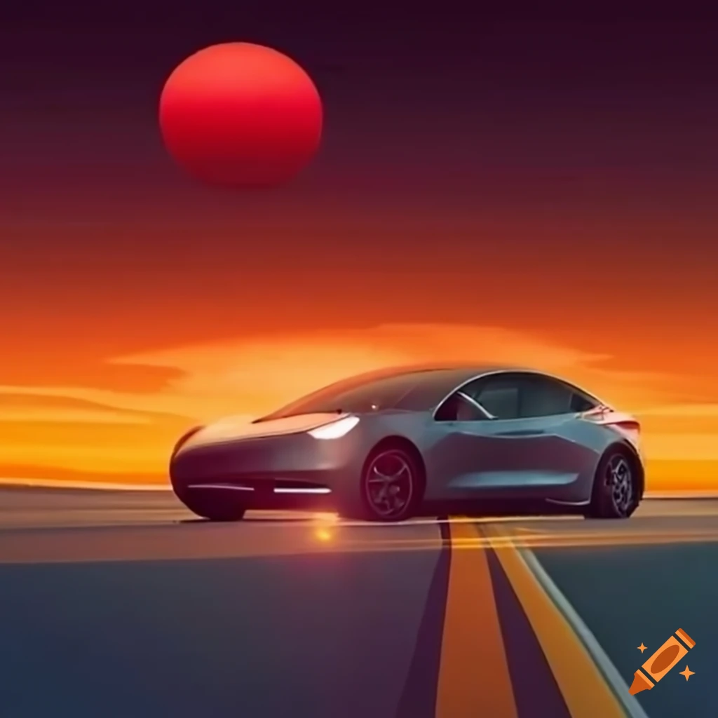 Tesla Model 3 Driving On A Californian Road At Sunset On Craiyon