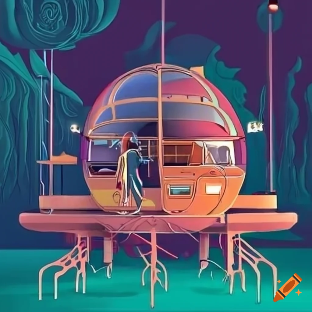 retro-futuristic illustration of a living pod with unique landing stilts