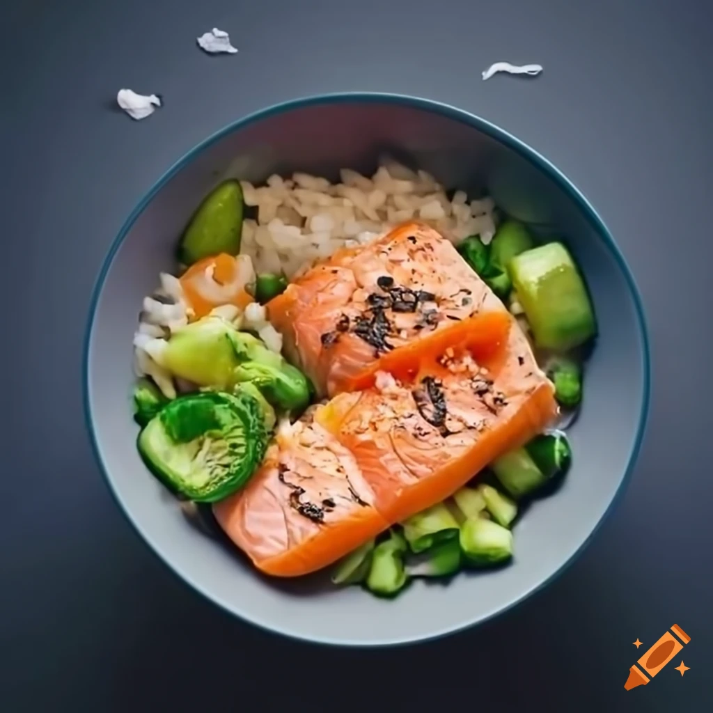 healthy bowl of vegetables, salmon, and rice