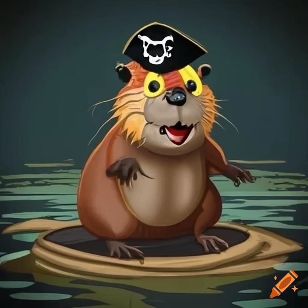 a beaver dressed as a pirate on a dam