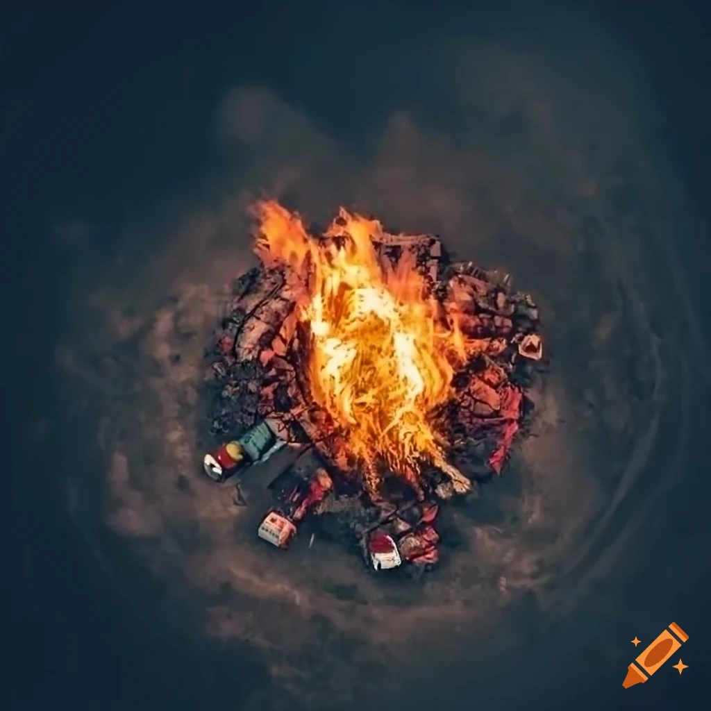 aerial view of bonfire in an abandoned parking lot
