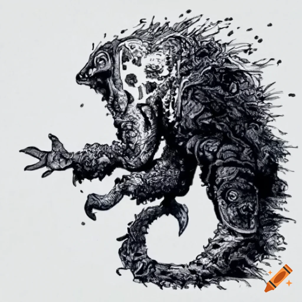 ink drawing of a mythological creature inspired by the Book of the Hakutaku