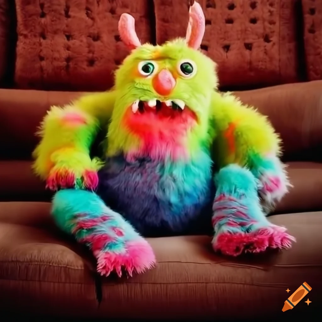 Colorful fluffy monster sitting on a couch on Craiyon