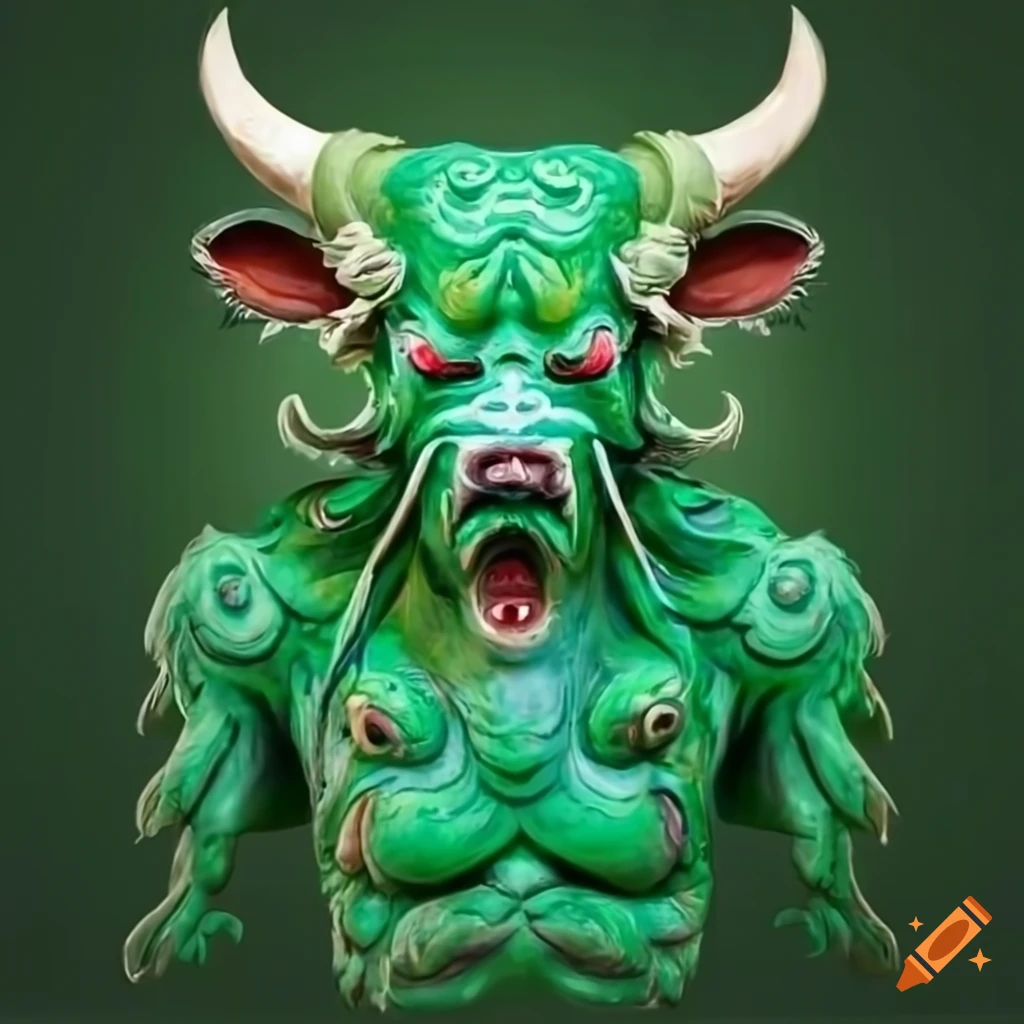 artwork of a Japanese cow demon in green