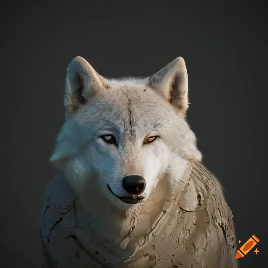 portrait of a muddy white wolf with closed eyes