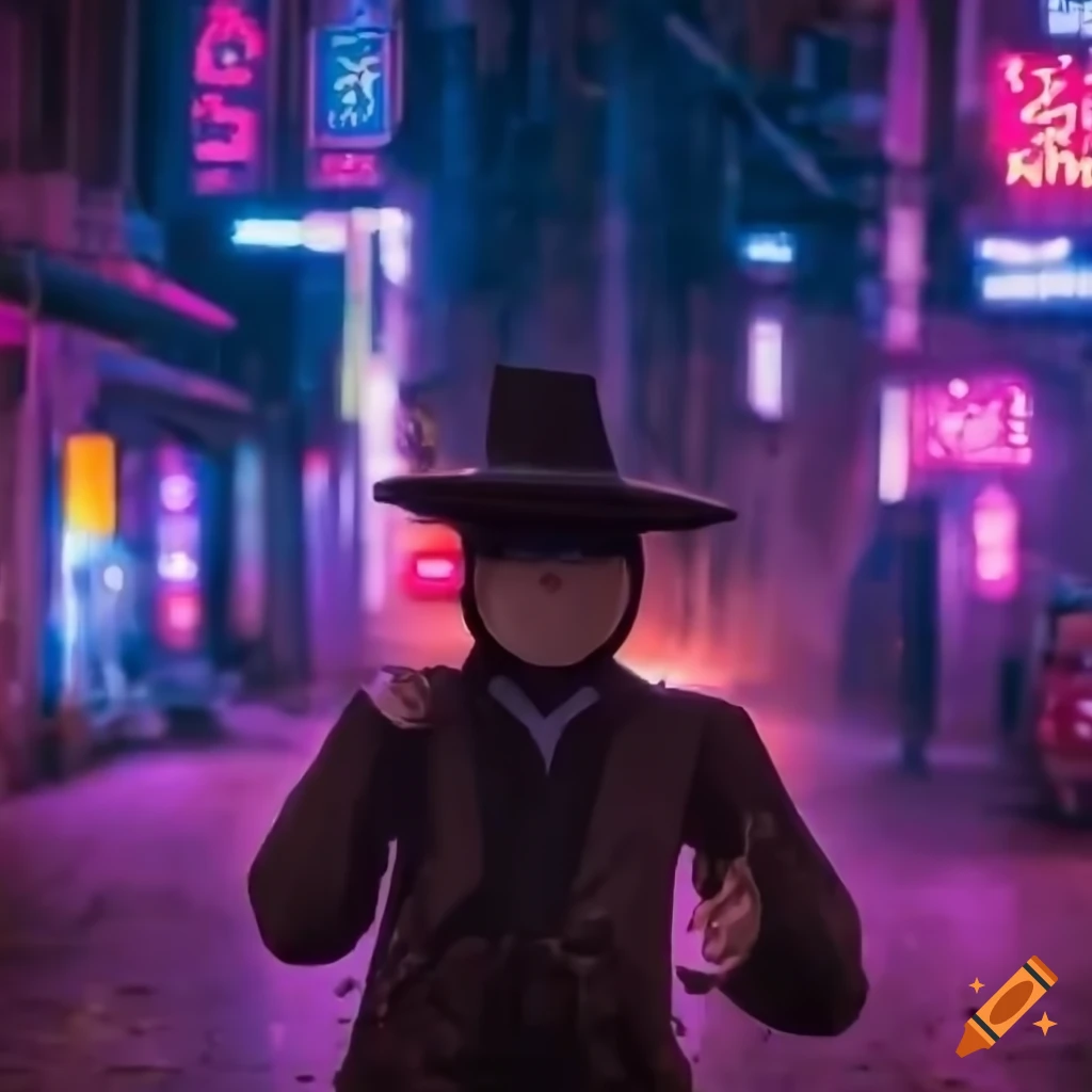 night cityscape with a cyberpunk atmosphere and a bread man detective