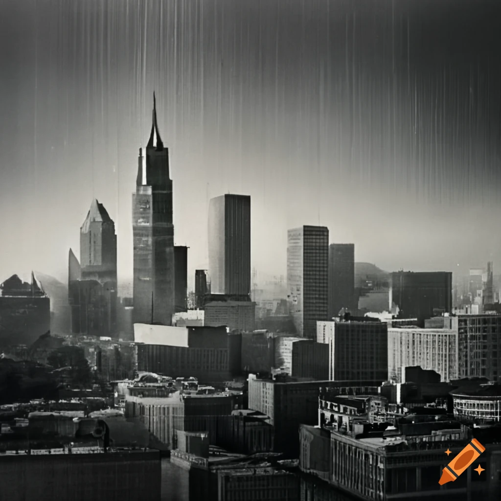 1940's Los Angeles skyline in the rain