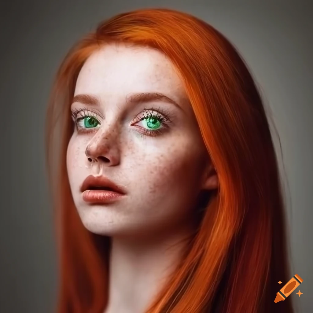 Portrait of a young woman with red hair and green eyes on Craiyon