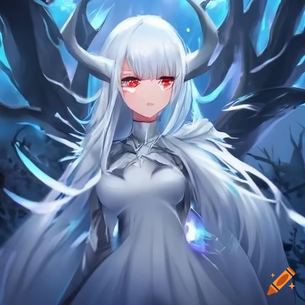 Detailed illustration of an anime woman with white hair and demon horns ...
