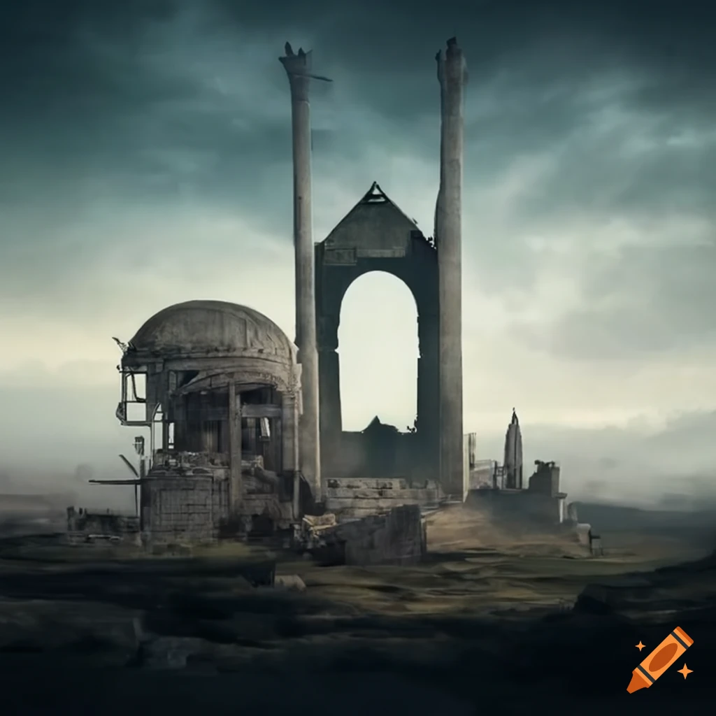 Surreal industrial ruins in a desolate landscape
