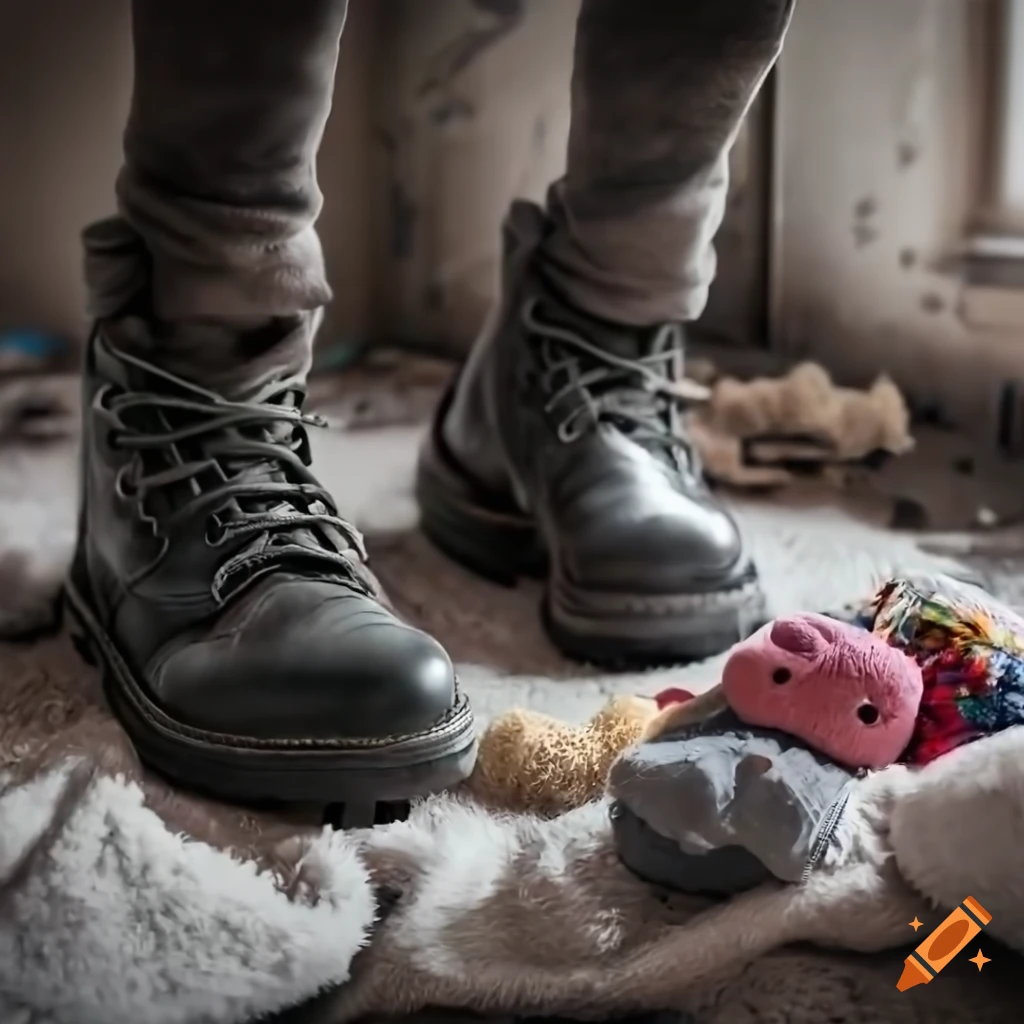 close-up of dirty boots trampling stuffed toys