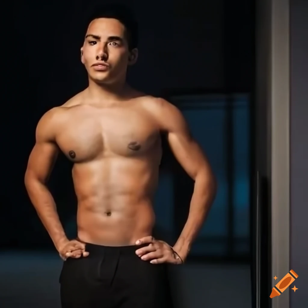 Fit latino man with athletic build posing shirtless on Craiyon