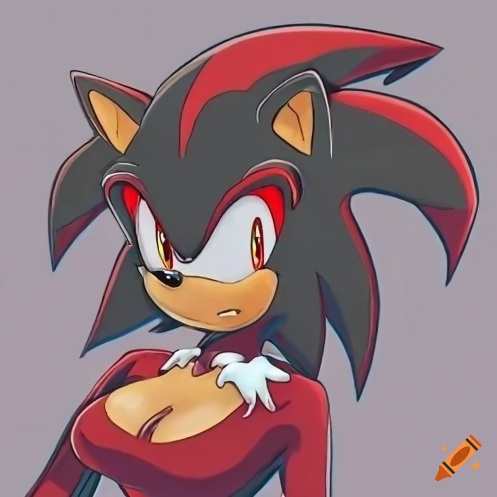 cosplay of female Shadow the Hedgehog in a red mini dress