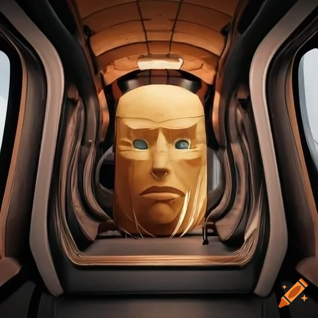futuristic bus interior with a man with a wooden face