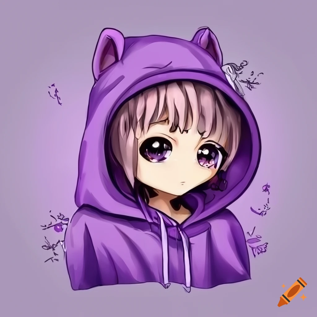 Cute chibi male character with short blue and pink hair, purple