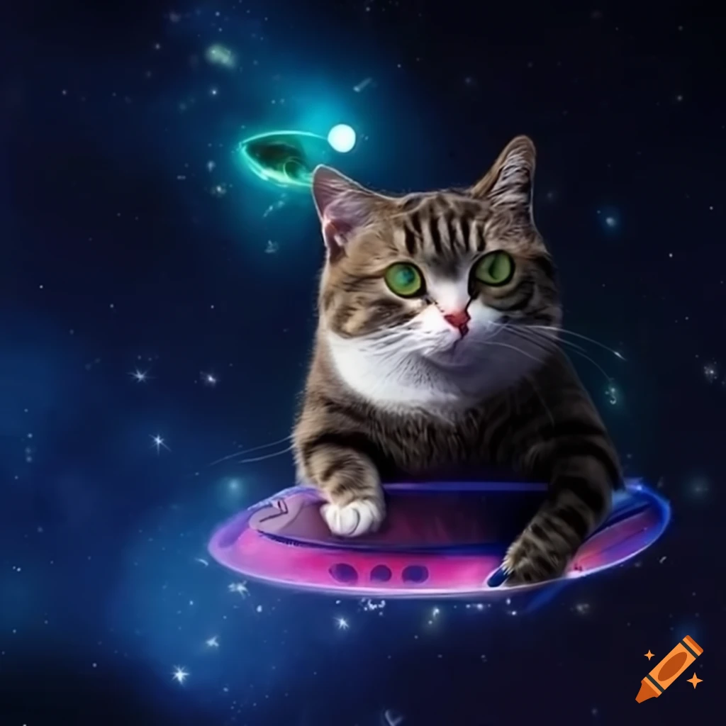 A playful cat floating in outer space on Craiyon