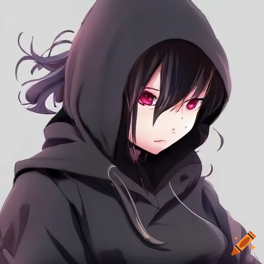 Anime girl, with tan skin, golden eyes, determined expression, black hair,  dark green hoodie, and black skirt, detailed