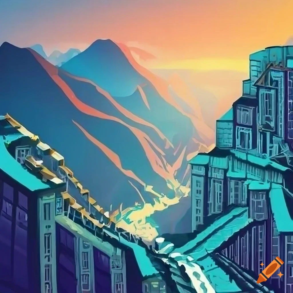 Art deco illustration of a terraced mountain town on Craiyon