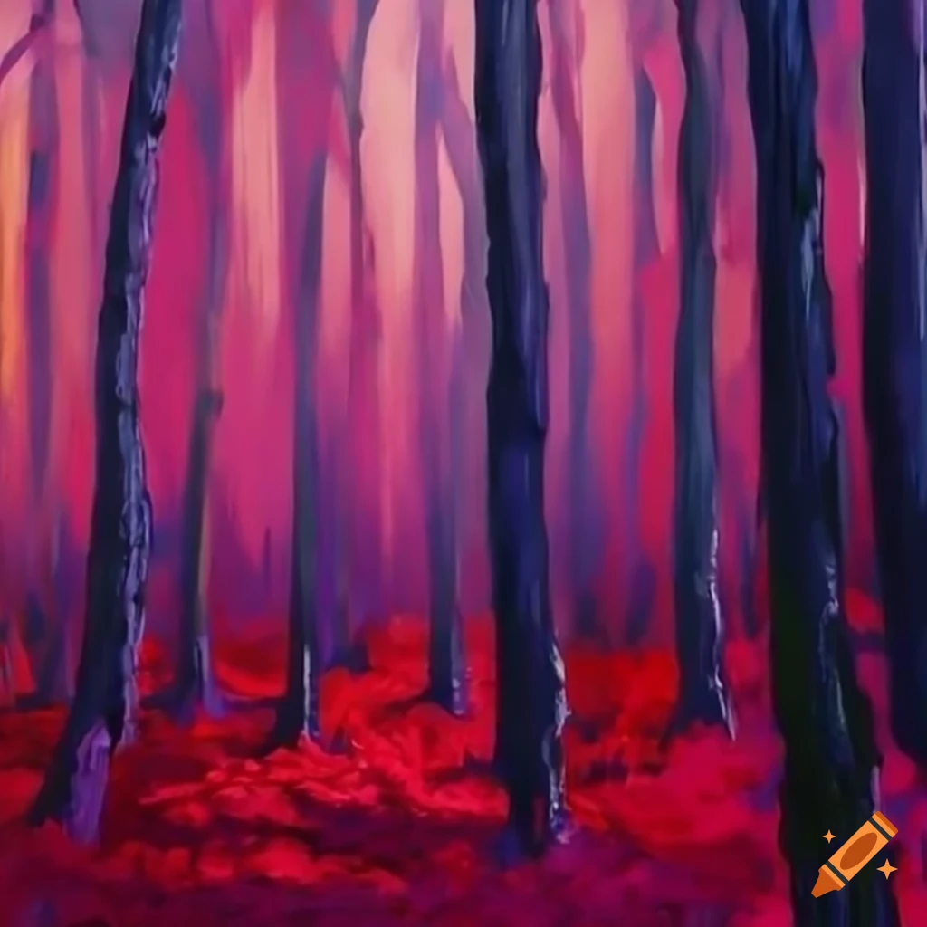 Abstract painting of a forest in red, pink, and purple on Craiyon