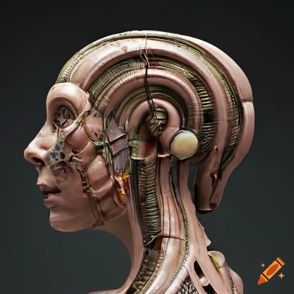 mixed media biomechanical sculpture of a human body