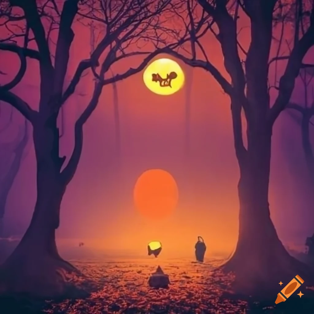 nighttime scene with a field of jack-o'-lanterns