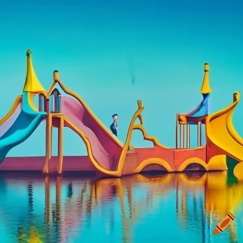 Surreal playground with colorful structures and a small lake on Craiyon