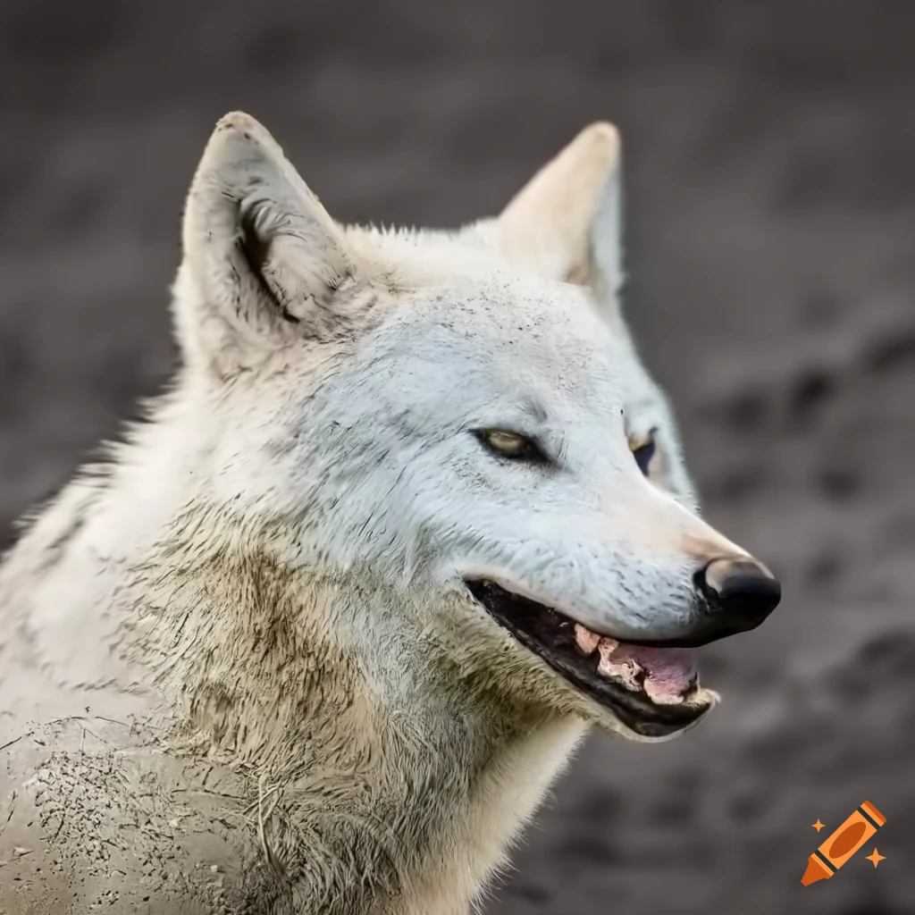 realistic art of a white wolf covered in mud