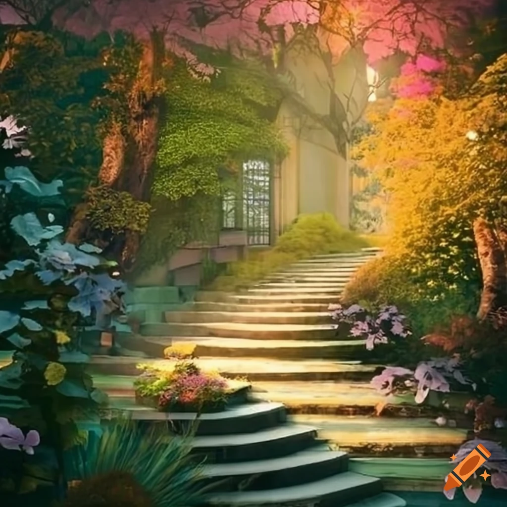 view of a garden house at dawn with trees and flowerbeds