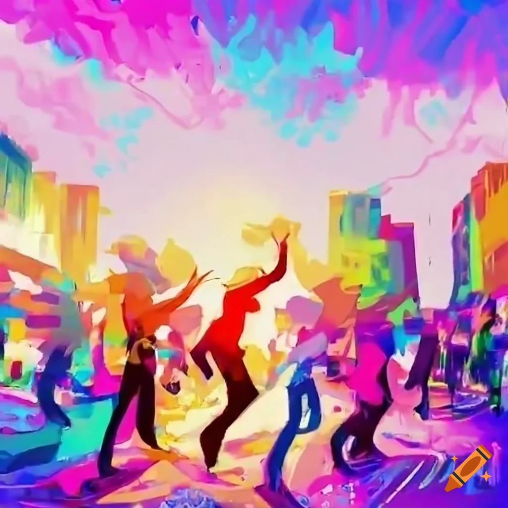 colorful scene of people dancing with a mischievous cat