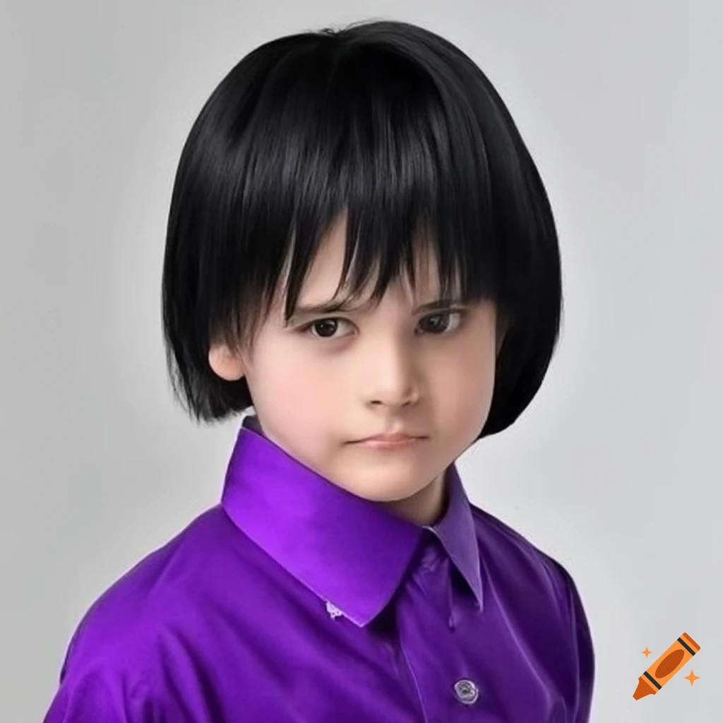 Boy with black hair and purple collar shirt