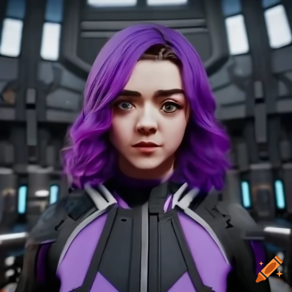 Sci-fi girl with purple hair and army of white robots in futuristic ...