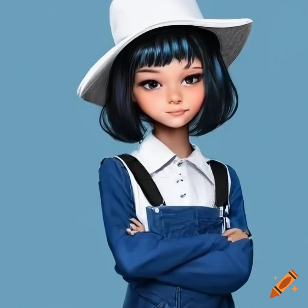 fashionable schoolgirl in white hat and blue overall