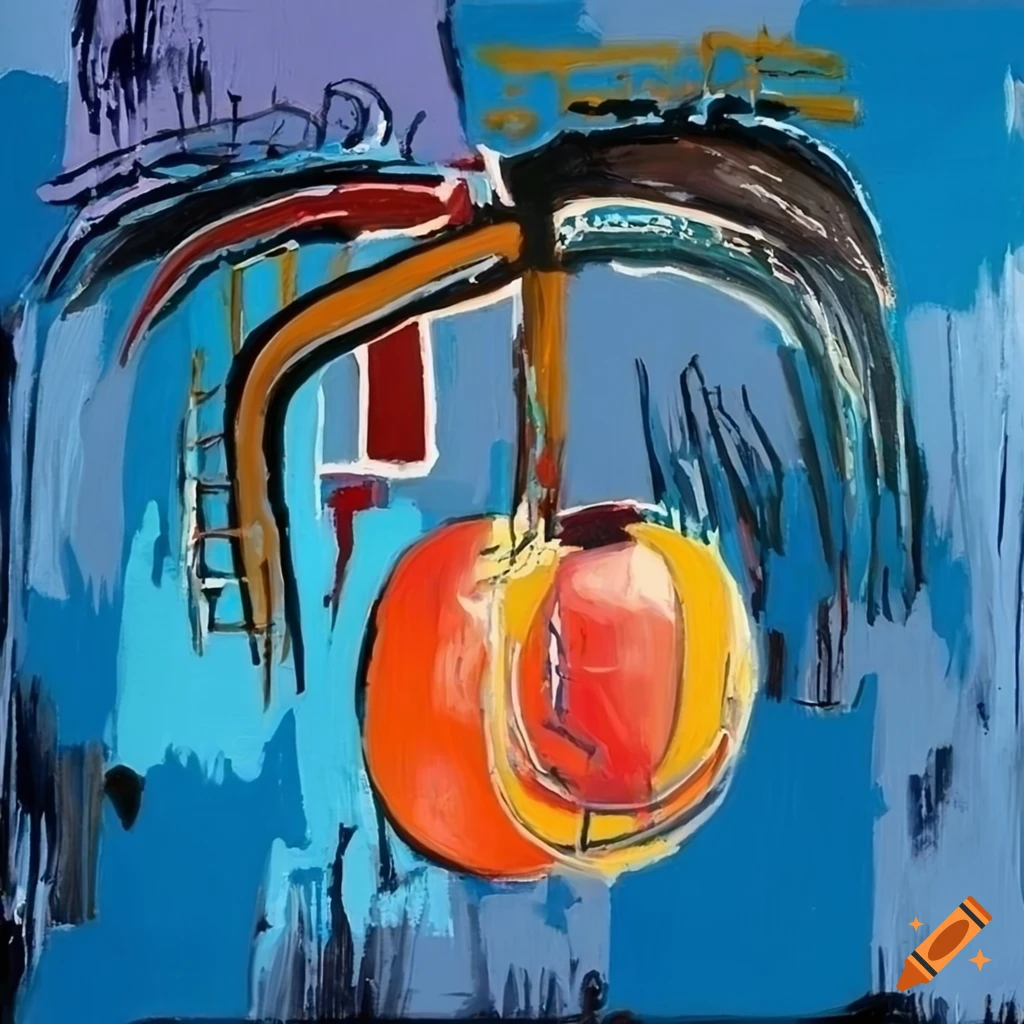 Basquiat-inspired painting of an apricot on blue background