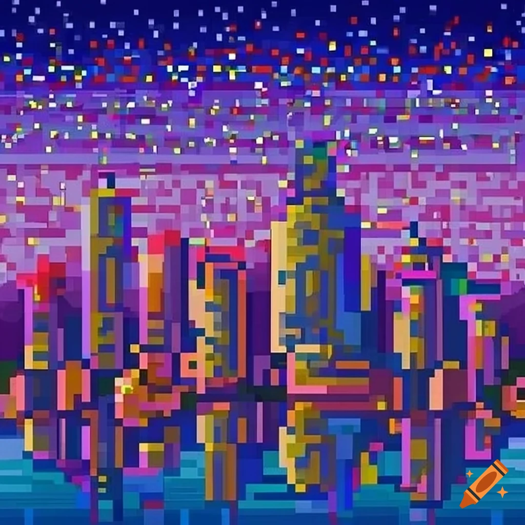 cityscape pixel art in pointillism style
