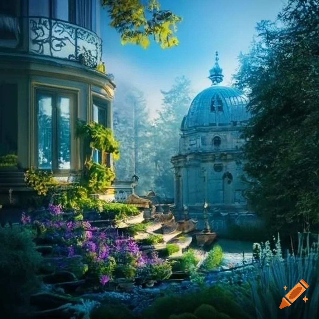 Crystal window in a garden house on Craiyon