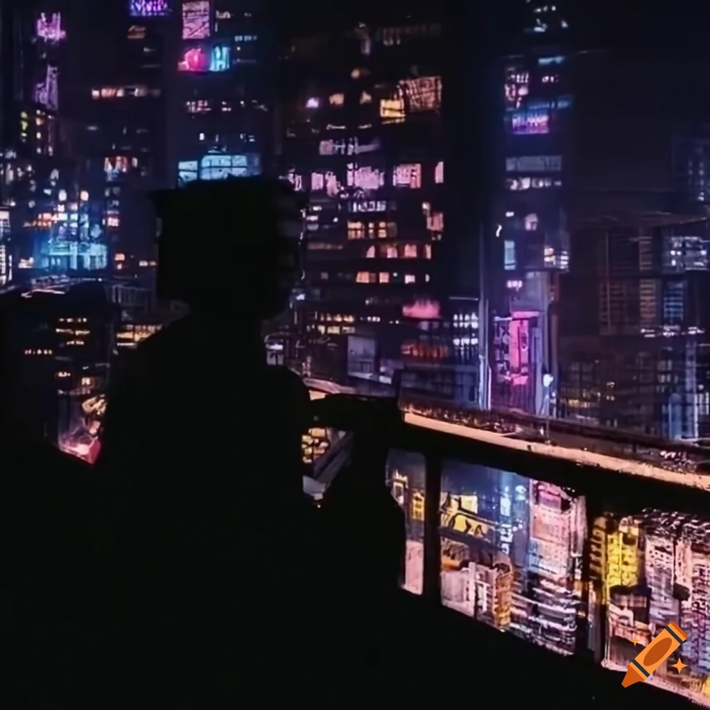 Cyberpunk wallpaper with a character on top of a building