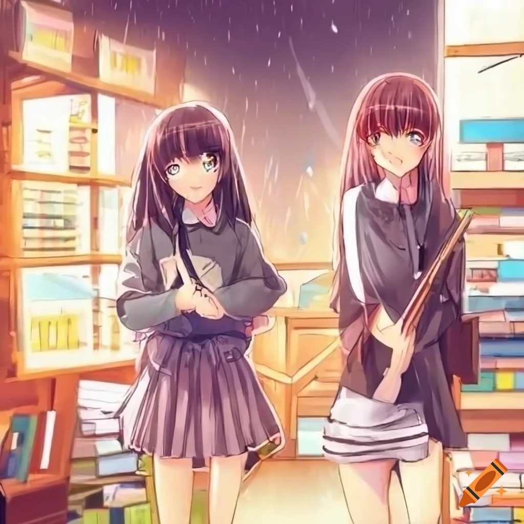 anime girls studying in a bookstore on a rainy day