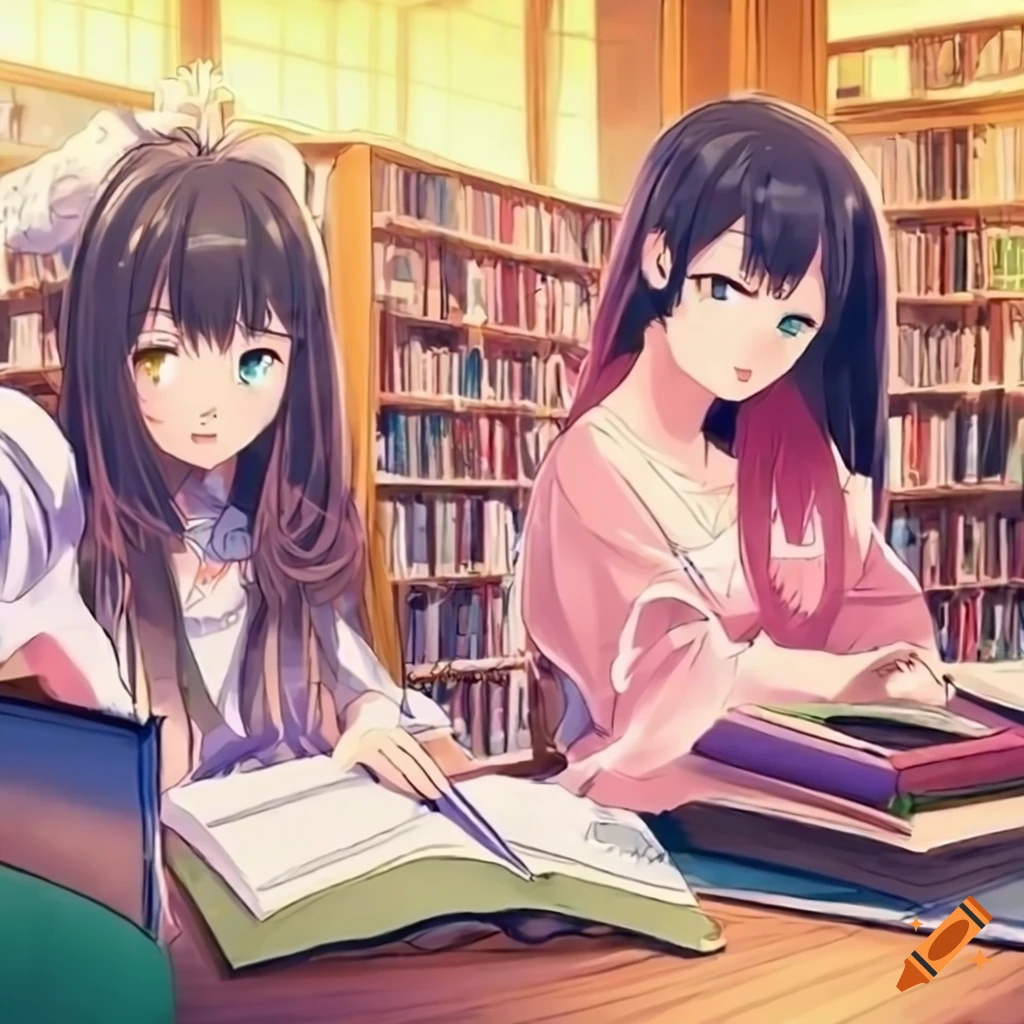 Anime girls studying on a greeny library terrace on Craiyon